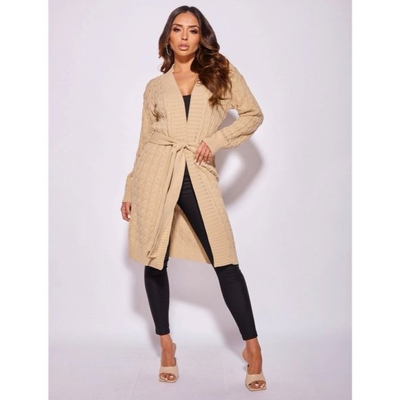 Knitted Long Sleeve Belted Long Midi Cardigan Sweater Duster - Picture 9 of 14